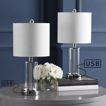 Abner 21" Glass Modern Contemporary USB Charging LED Table Lamp - JONATHAN Y
